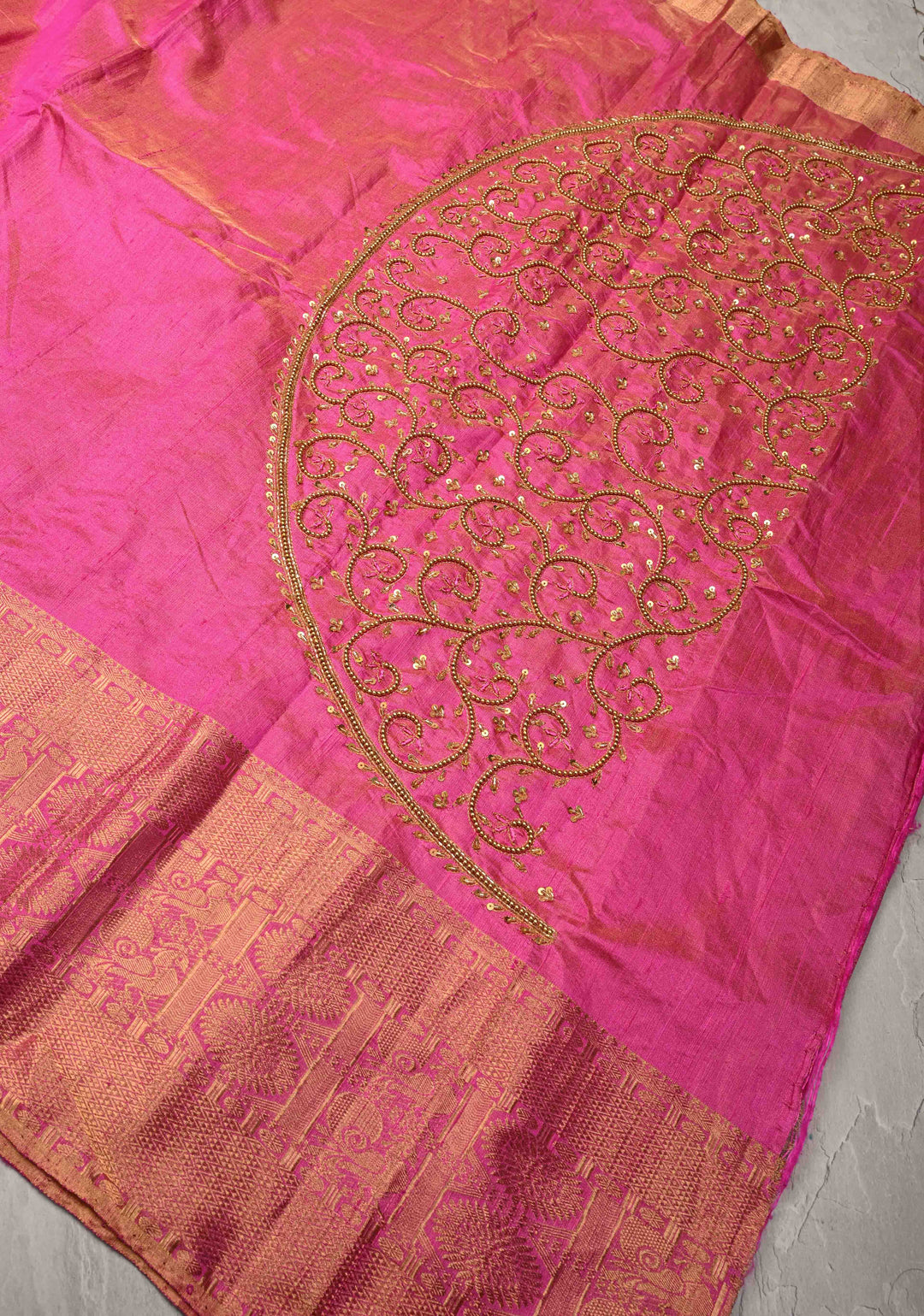 Bright Pink Tissue Pure Raw Silk Kanjivaram Saree with Wide Zari Border and Sequins, Cutdana Moti Hand Work  | SILK MARK CERTIFIED