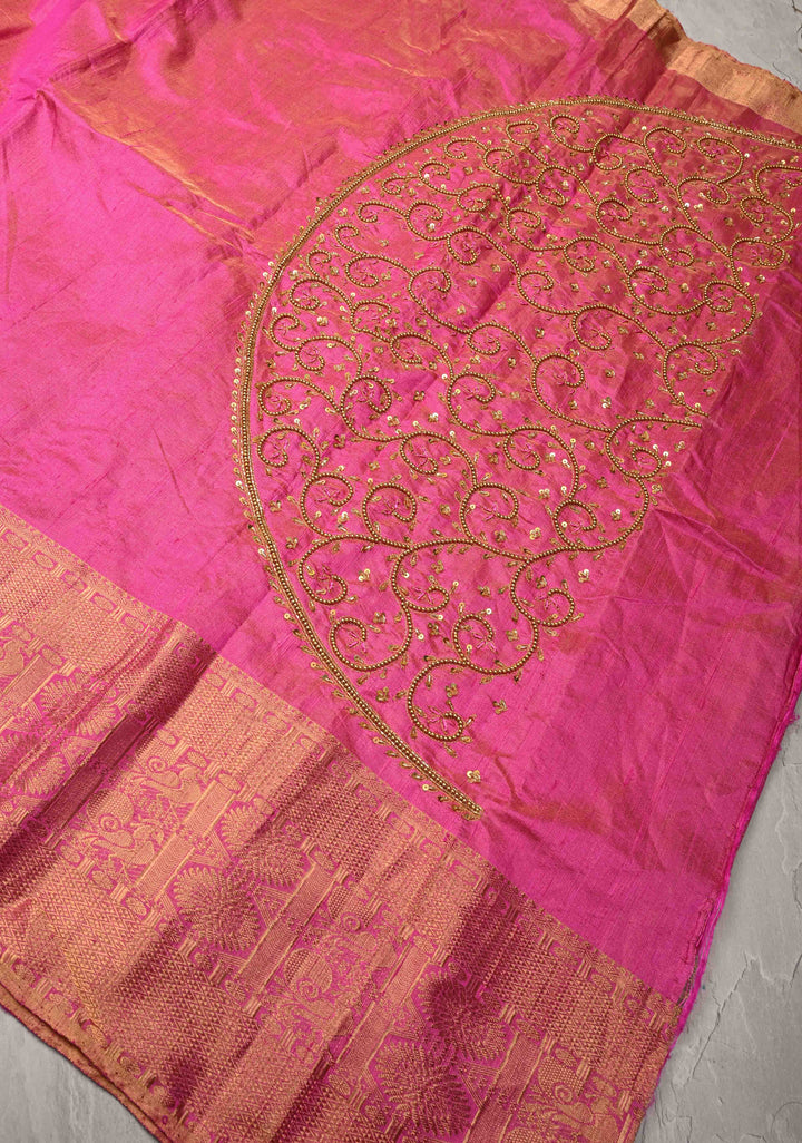 Bright Pink Tissue Pure Raw Silk Kanjivaram Saree with Wide Zari Border and Sequins, Cutdana Moti Hand Work  | SILK MARK CERTIFIED