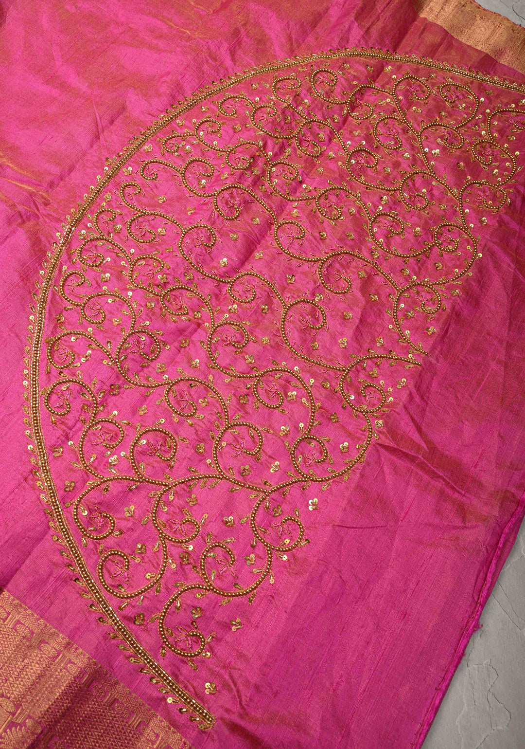 Bright Pink Tissue Pure Raw Silk Kanjivaram Saree with Wide Zari Border and Sequins, Cutdana Moti Hand Work  | SILK MARK CERTIFIED