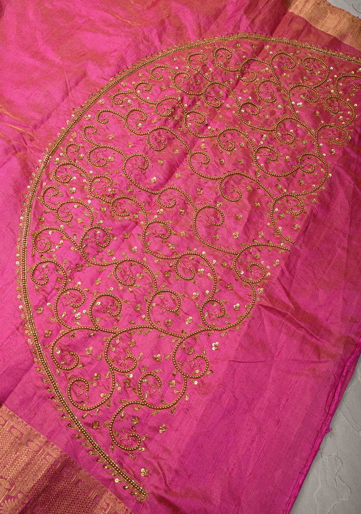 Bright Pink Tissue Pure Raw Silk Kanjivaram Saree with Wide Zari Border and Sequins, Cutdana Moti Hand Work  | SILK MARK CERTIFIED