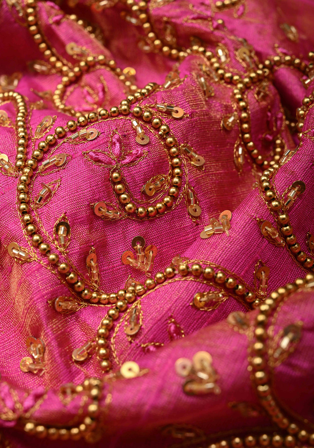 Bright Pink Tissue Pure Raw Silk Kanjivaram Saree with Wide Zari Border and Sequins, Cutdana Moti Hand Work  | SILK MARK CERTIFIED