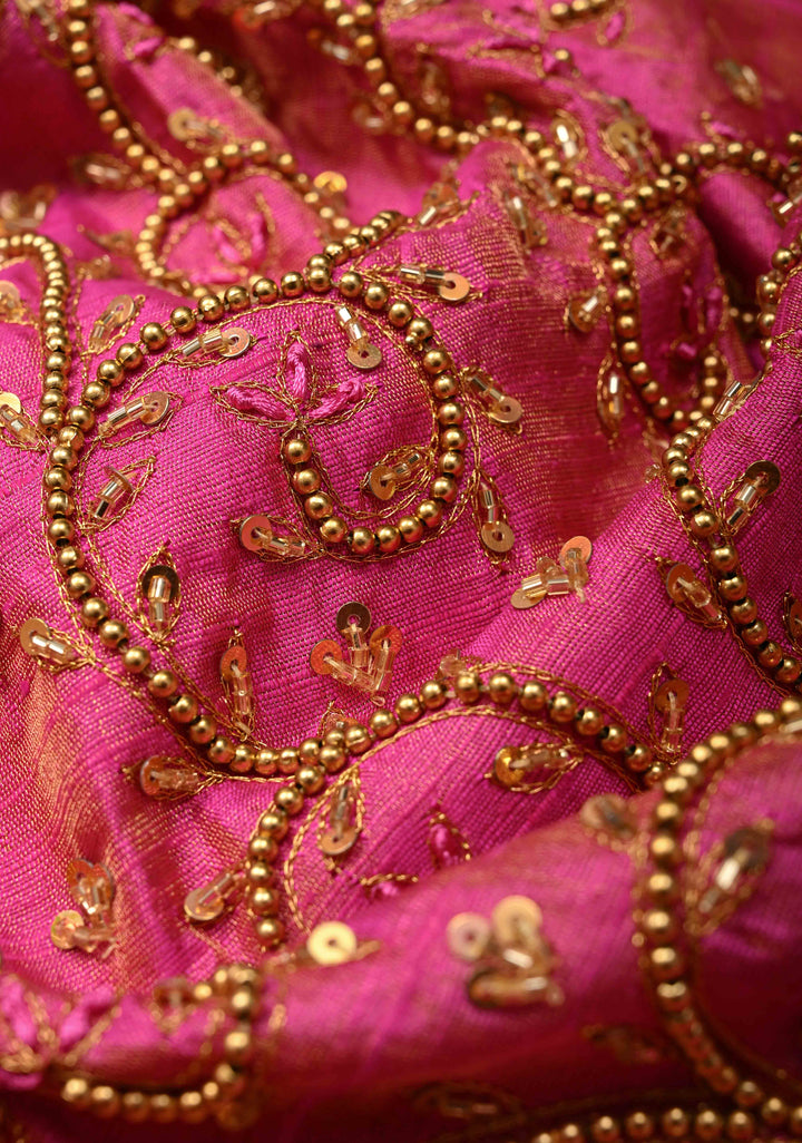 Bright Pink Tissue Pure Raw Silk Kanjivaram Saree with Wide Zari Border and Sequins, Cutdana Moti Hand Work  | SILK MARK CERTIFIED
