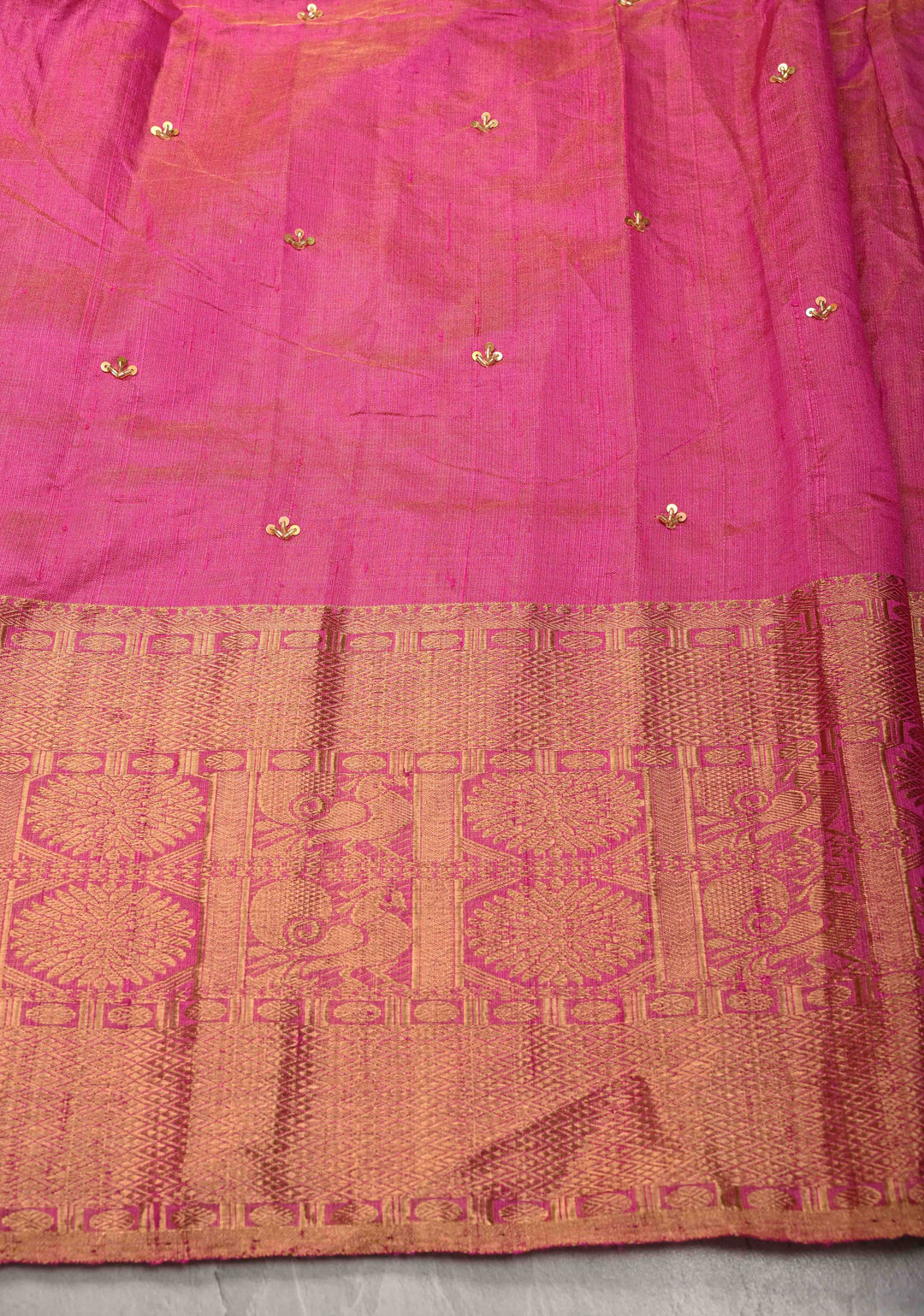 Bright Pink Tissue Pure Raw Silk Kanjivaram Saree with Wide Zari Border and Sequins, Cutdana Moti Hand Work  | SILK MARK CERTIFIED