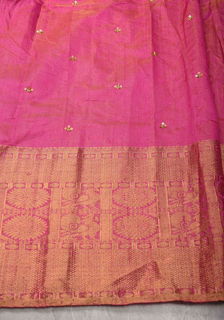 Bright Pink Tissue Pure Raw Silk Kanjivaram Saree with Wide Zari Border and Sequins, Cutdana Moti Hand Work  | SILK MARK CERTIFIED