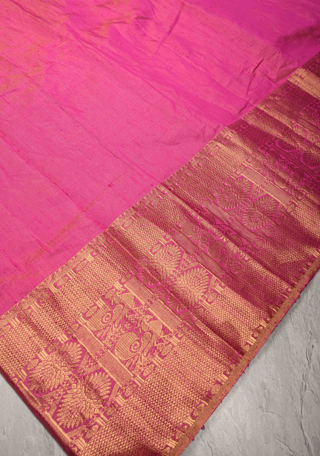 Bright Pink Tissue Pure Raw Silk Kanjivaram Saree with Wide Zari Border and Sequins, Cutdana Moti Hand Work  | SILK MARK CERTIFIED