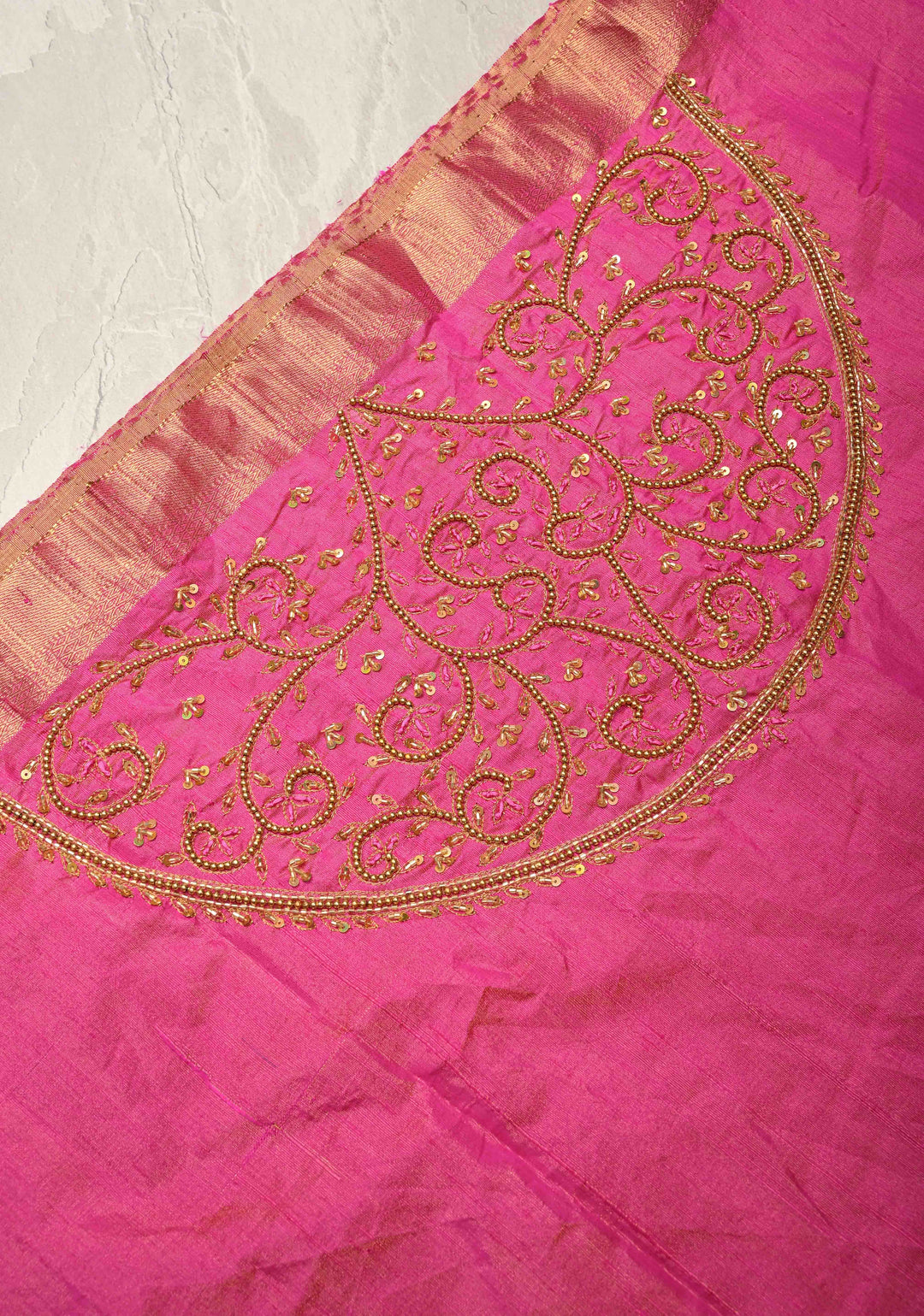 Bright Pink Tissue Pure Raw Silk Kanjivaram Saree with Wide Zari Border and Sequins, Cutdana Moti Hand Work  | SILK MARK CERTIFIED