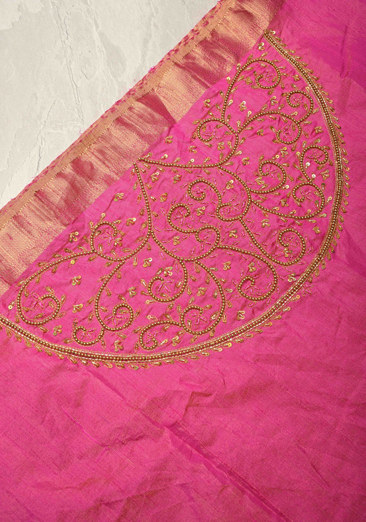Bright Pink Tissue Pure Raw Silk Kanjivaram Saree with Wide Zari Border and Sequins, Cutdana Moti Hand Work  | SILK MARK CERTIFIED