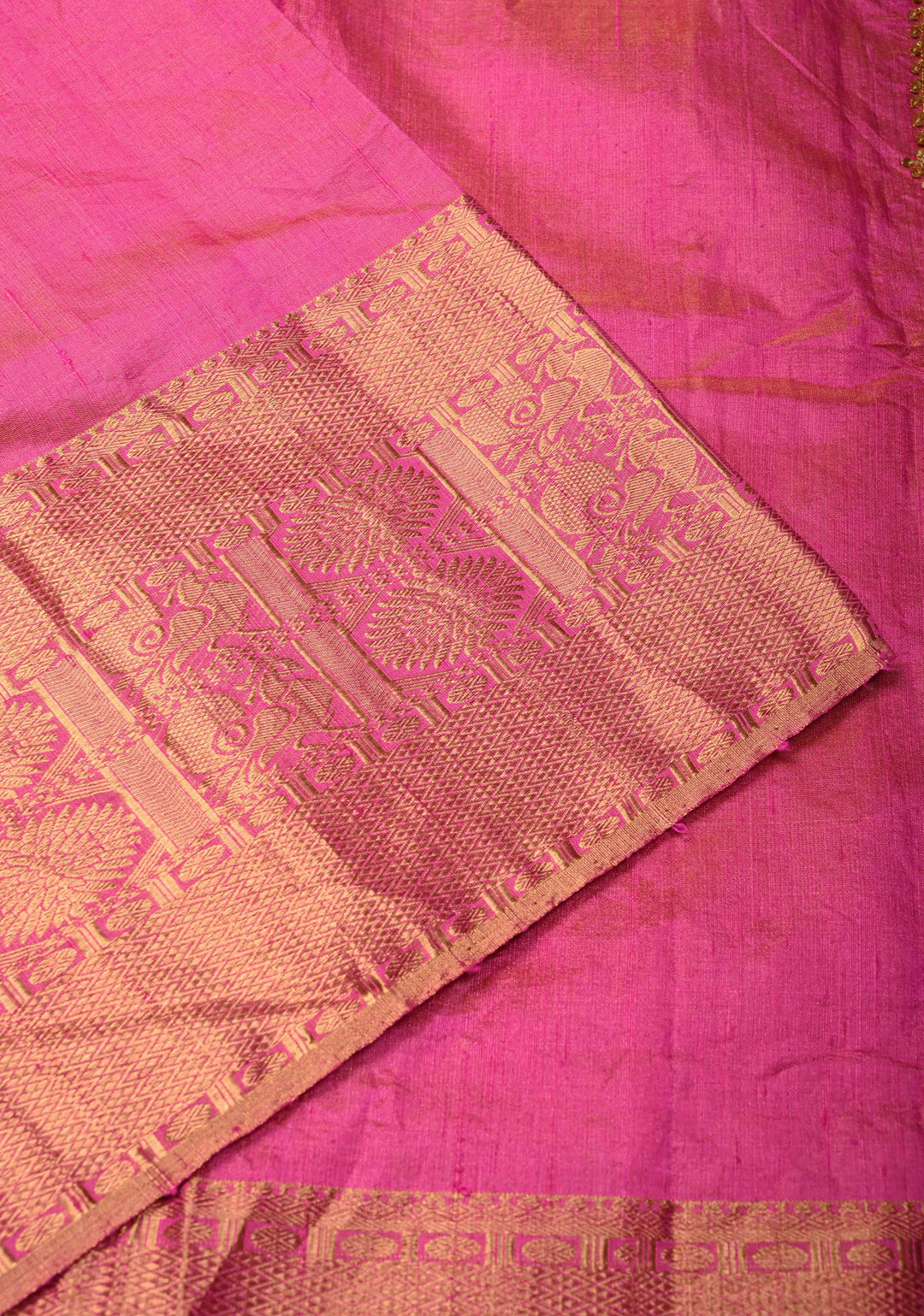 Bright Pink Tissue Pure Raw Silk Kanjivaram Saree with Wide Zari Border and Sequins, Cutdana Moti Hand Work  | SILK MARK CERTIFIED