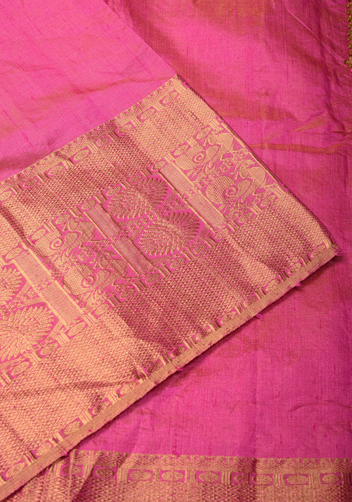 Bright Pink Tissue Pure Raw Silk Kanjivaram Saree with Wide Zari Border and Sequins, Cutdana Moti Hand Work  | SILK MARK CERTIFIED