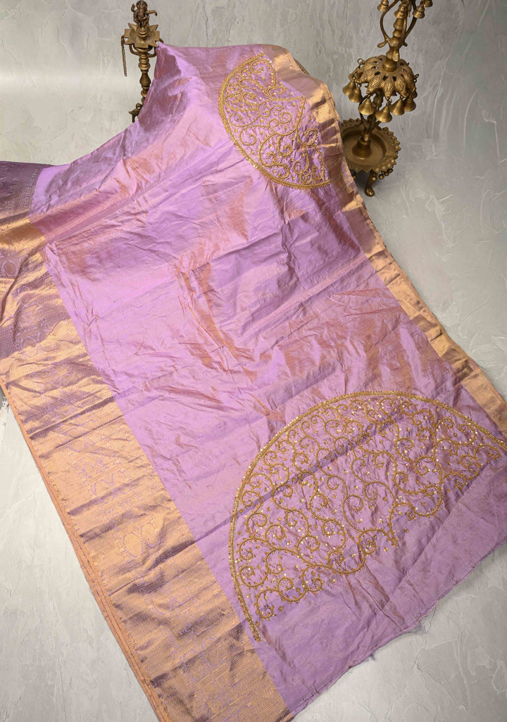 Lilac Tissue Pure Raw Silk Kanjivaram Saree with Wide Zari Border and Sequins, Cutdana Moti Hand Work  | SILK MARK CERTIFIED