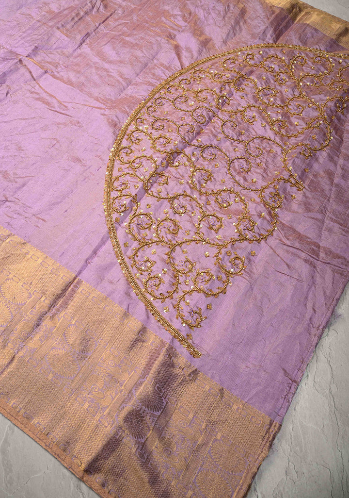 Lilac Tissue Pure Raw Silk Kanjivaram Saree with Wide Zari Border and Sequins, Cutdana Moti Hand Work  | SILK MARK CERTIFIED
