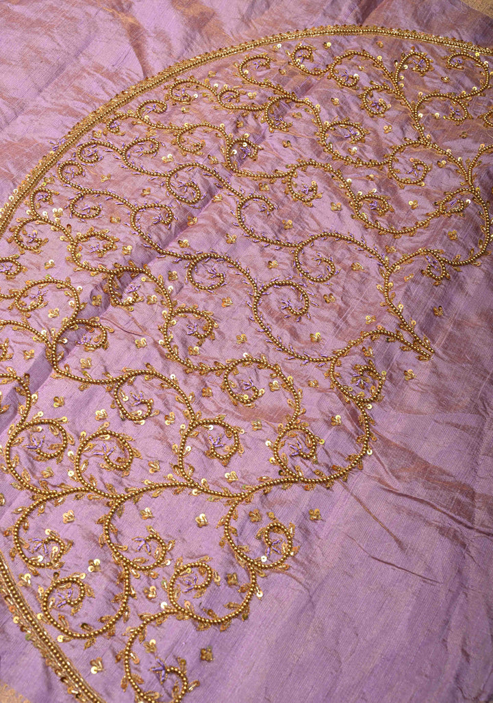 Lilac Tissue Pure Raw Silk Kanjivaram Saree with Wide Zari Border and Sequins, Cutdana Moti Hand Work  | SILK MARK CERTIFIED