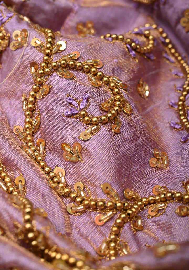 Lilac Tissue Pure Raw Silk Kanjivaram Saree with Wide Zari Border and Sequins, Cutdana Moti Hand Work  | SILK MARK CERTIFIED