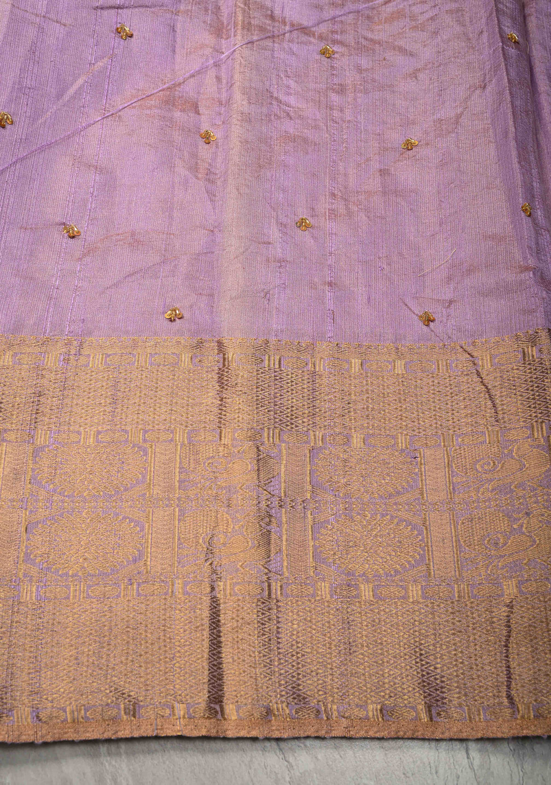 Lilac Tissue Pure Raw Silk Kanjivaram Saree with Wide Zari Border and Sequins, Cutdana Moti Hand Work  | SILK MARK CERTIFIED