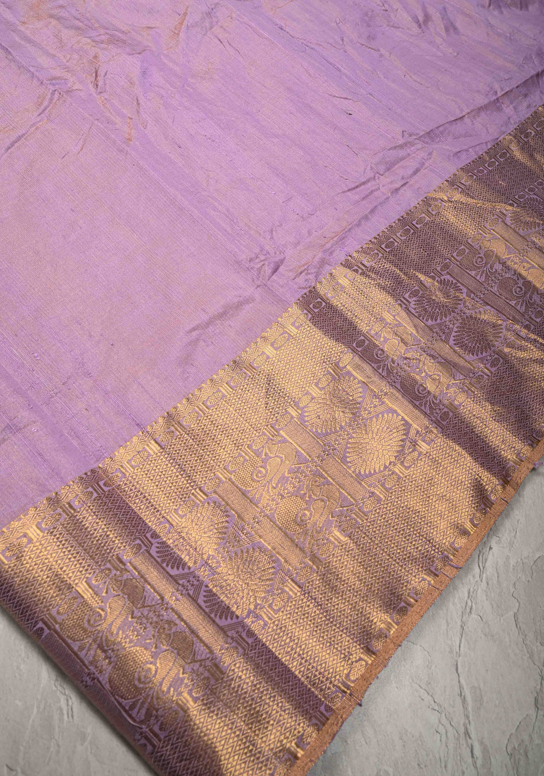 Lilac Tissue Pure Raw Silk Kanjivaram Saree with Wide Zari Border and Sequins, Cutdana Moti Hand Work  | SILK MARK CERTIFIED