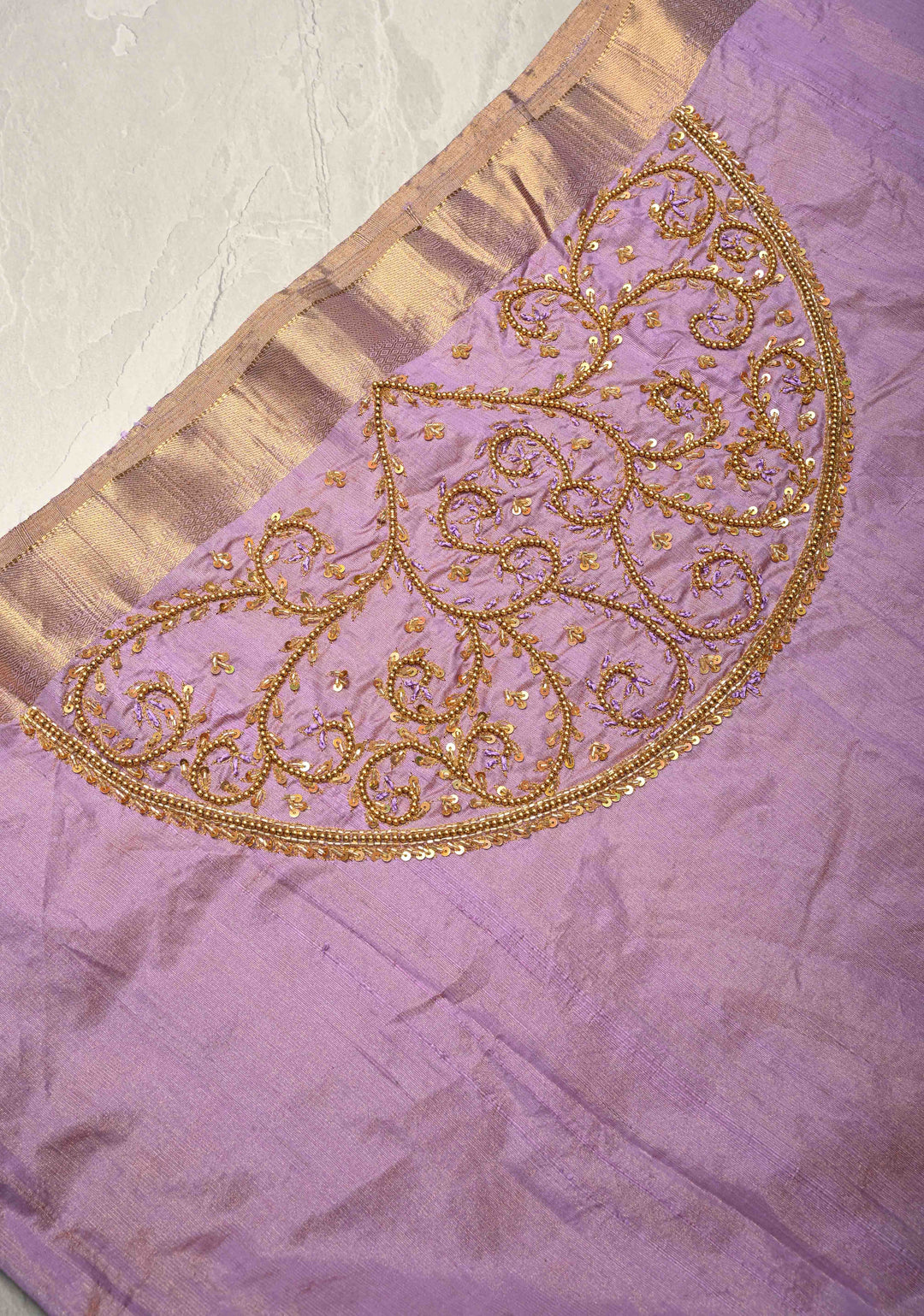 Lilac Tissue Pure Raw Silk Kanjivaram Saree with Wide Zari Border and Sequins, Cutdana Moti Hand Work  | SILK MARK CERTIFIED