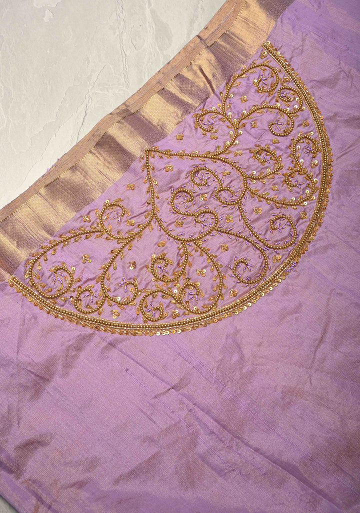 Lilac Tissue Pure Raw Silk Kanjivaram Saree with Wide Zari Border and Sequins, Cutdana Moti Hand Work  | SILK MARK CERTIFIED