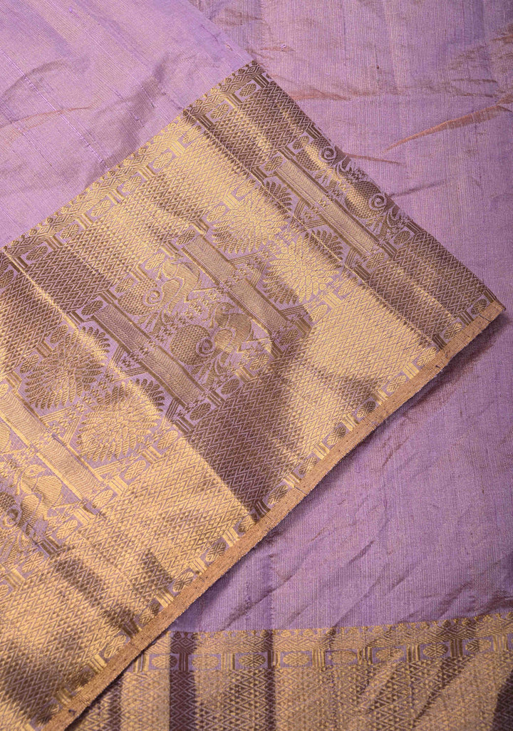 Lilac Tissue Pure Raw Silk Kanjivaram Saree with Wide Zari Border and Sequins, Cutdana Moti Hand Work  | SILK MARK CERTIFIED