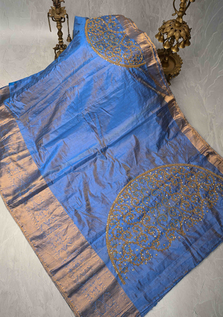 Blue Tissue Pure Raw Silk Kanjivaram Saree with Wide Zari Border and Sequins, Cutdana Moti Hand Work | SILK MARK CERTIFIED