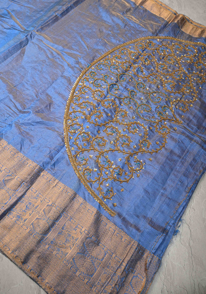 Blue Tissue Pure Raw Silk Kanjivaram Saree with Wide Zari Border and Sequins, Cutdana Moti Hand Work | SILK MARK CERTIFIED