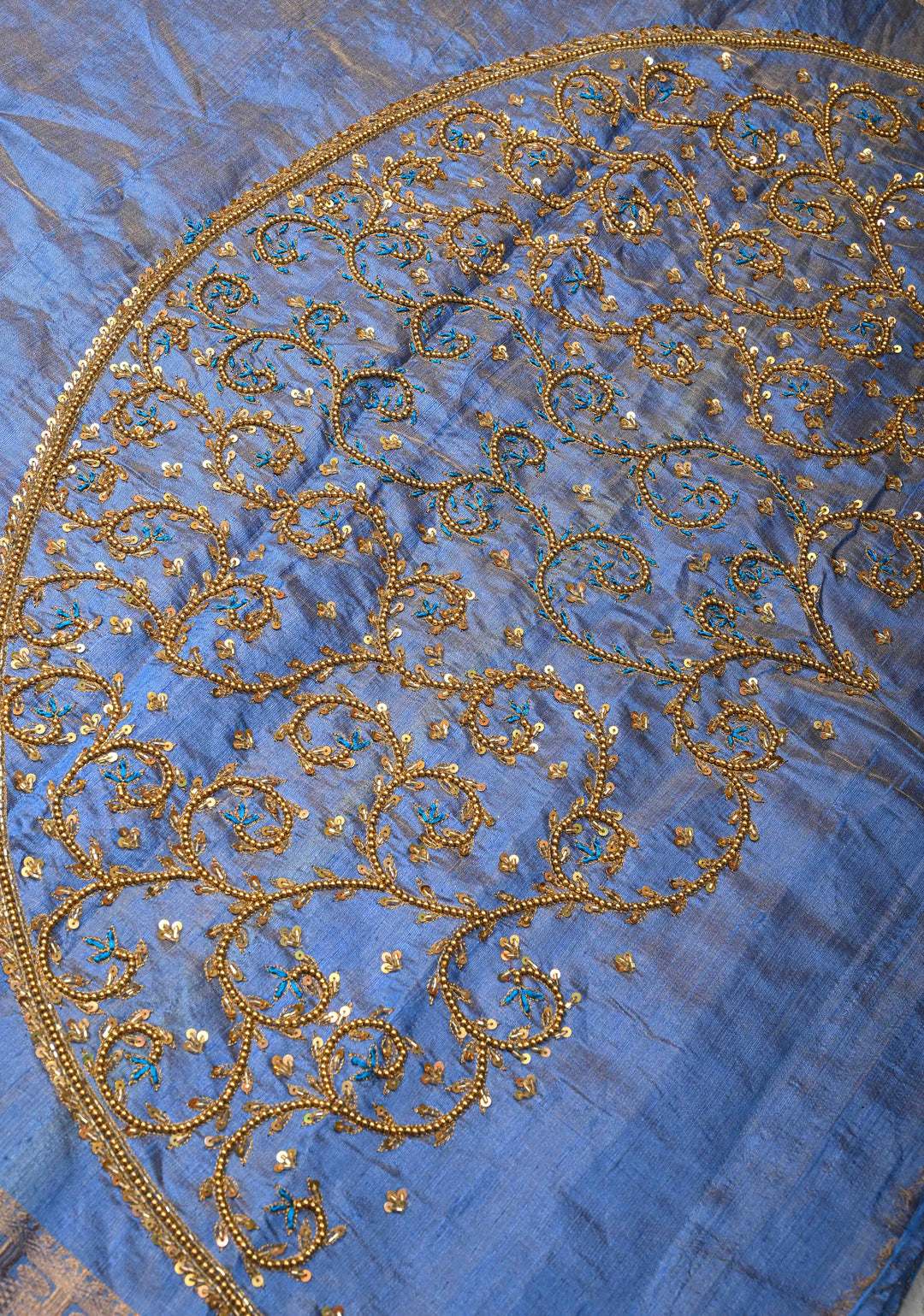 Blue Tissue Pure Raw Silk Kanjivaram Saree with Wide Zari Border and Sequins, Cutdana Moti Hand Work | SILK MARK CERTIFIED