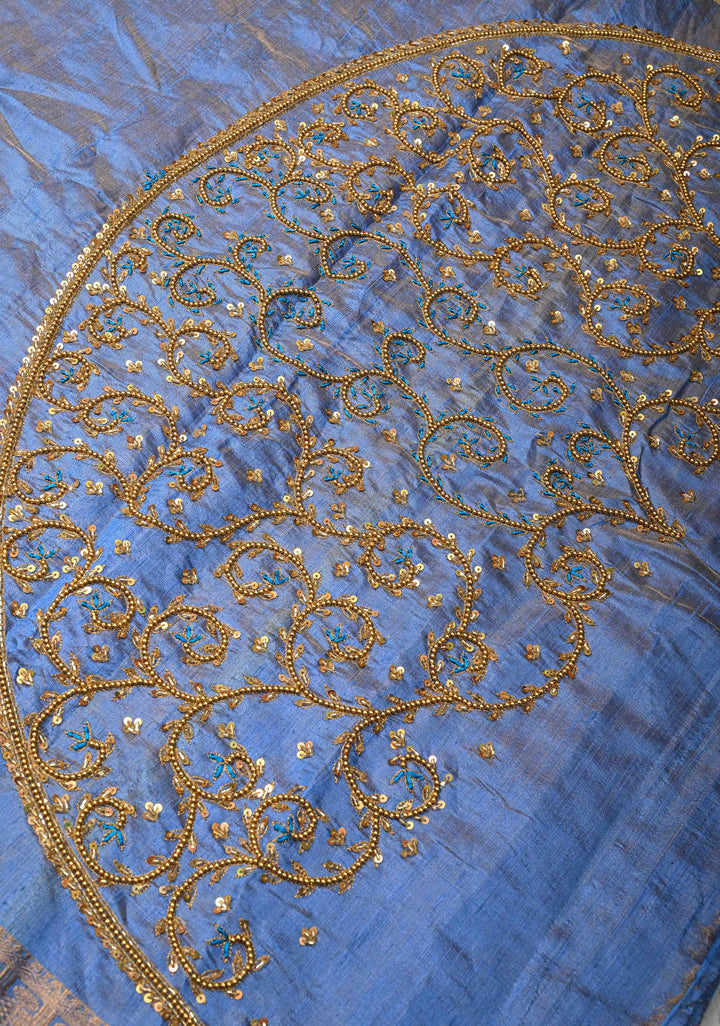Blue Tissue Pure Raw Silk Kanjivaram Saree with Wide Zari Border and Sequins, Cutdana Moti Hand Work | SILK MARK CERTIFIED