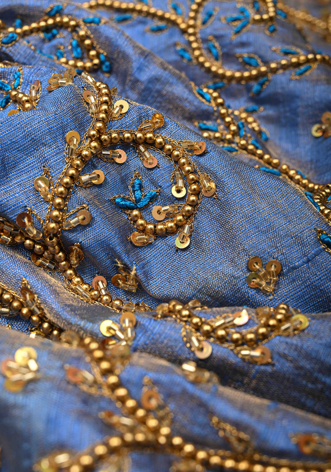 Blue Tissue Pure Raw Silk Kanjivaram Saree with Wide Zari Border and Sequins, Cutdana Moti Hand Work | SILK MARK CERTIFIED