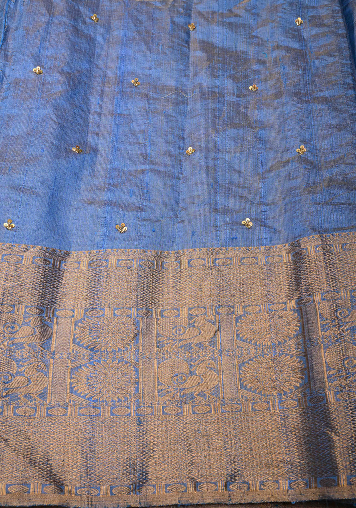 Blue Tissue Pure Raw Silk Kanjivaram Saree with Wide Zari Border and Sequins, Cutdana Moti Hand Work | SILK MARK CERTIFIED