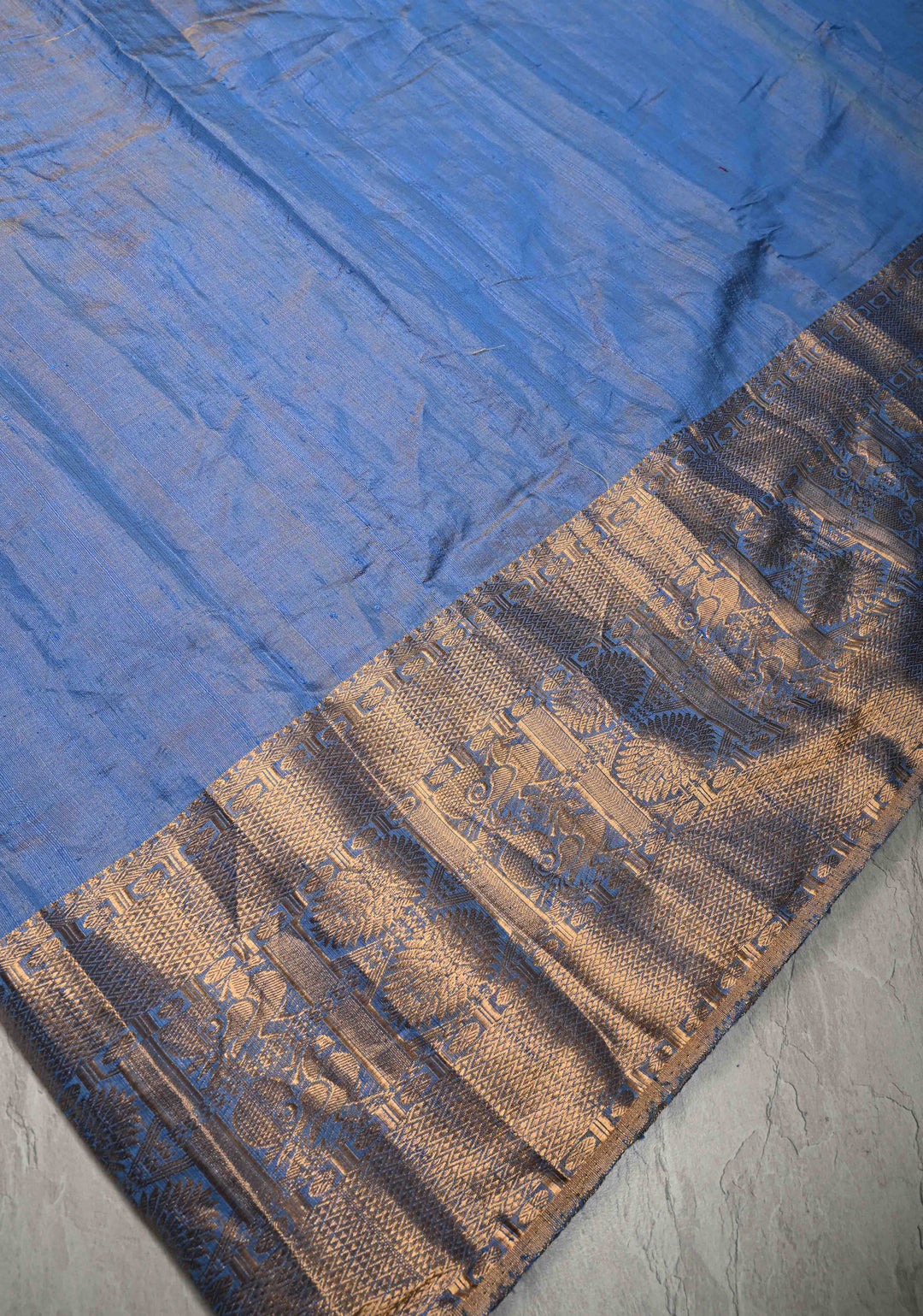 Blue Tissue Pure Raw Silk Kanjivaram Saree with Wide Zari Border and Sequins, Cutdana Moti Hand Work | SILK MARK CERTIFIED