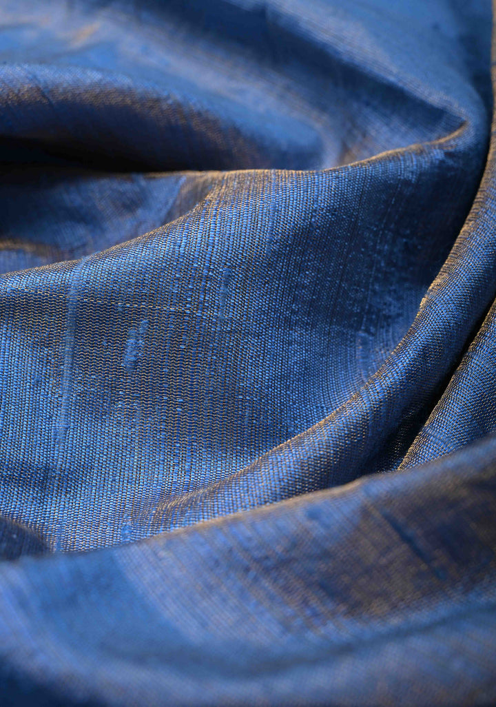Blue Tissue Pure Raw Silk Kanjivaram Saree with Wide Zari Border and Sequins, Cutdana Moti Hand Work | SILK MARK CERTIFIED