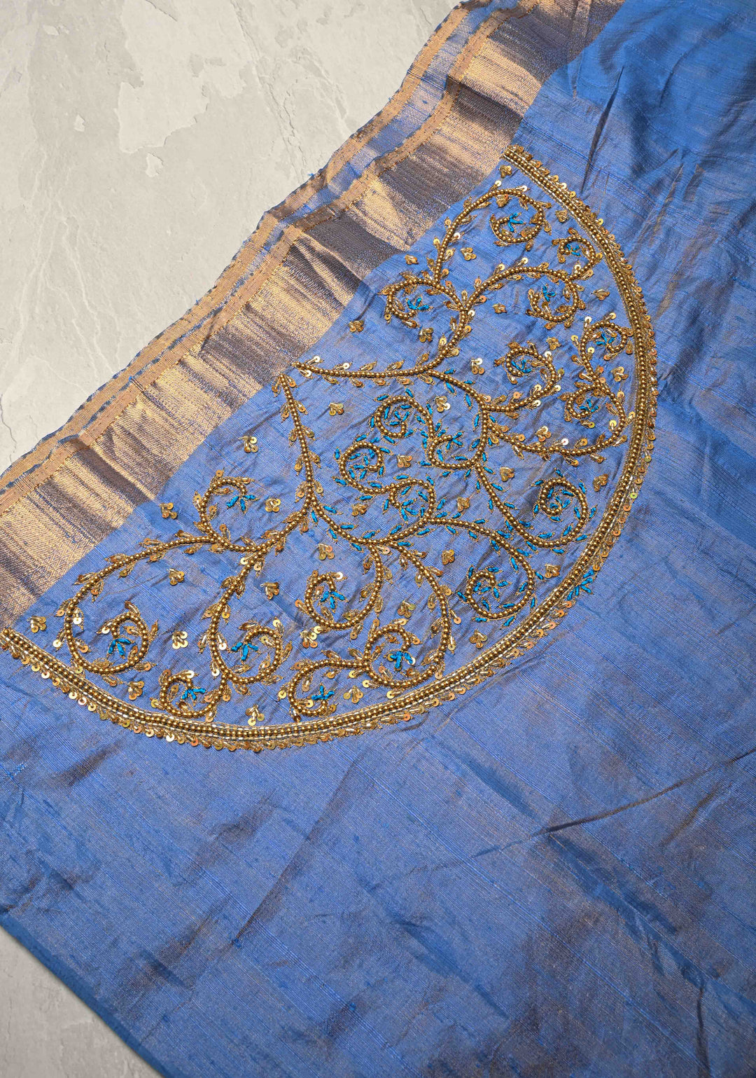 Blue Tissue Pure Raw Silk Kanjivaram Saree with Wide Zari Border and Sequins, Cutdana Moti Hand Work | SILK MARK CERTIFIED