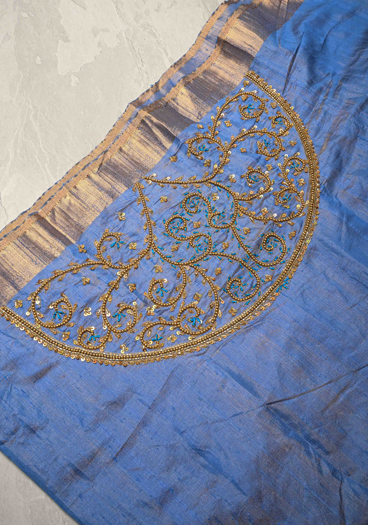 Blue Tissue Pure Raw Silk Kanjivaram Saree with Wide Zari Border and Sequins, Cutdana Moti Hand Work | SILK MARK CERTIFIED