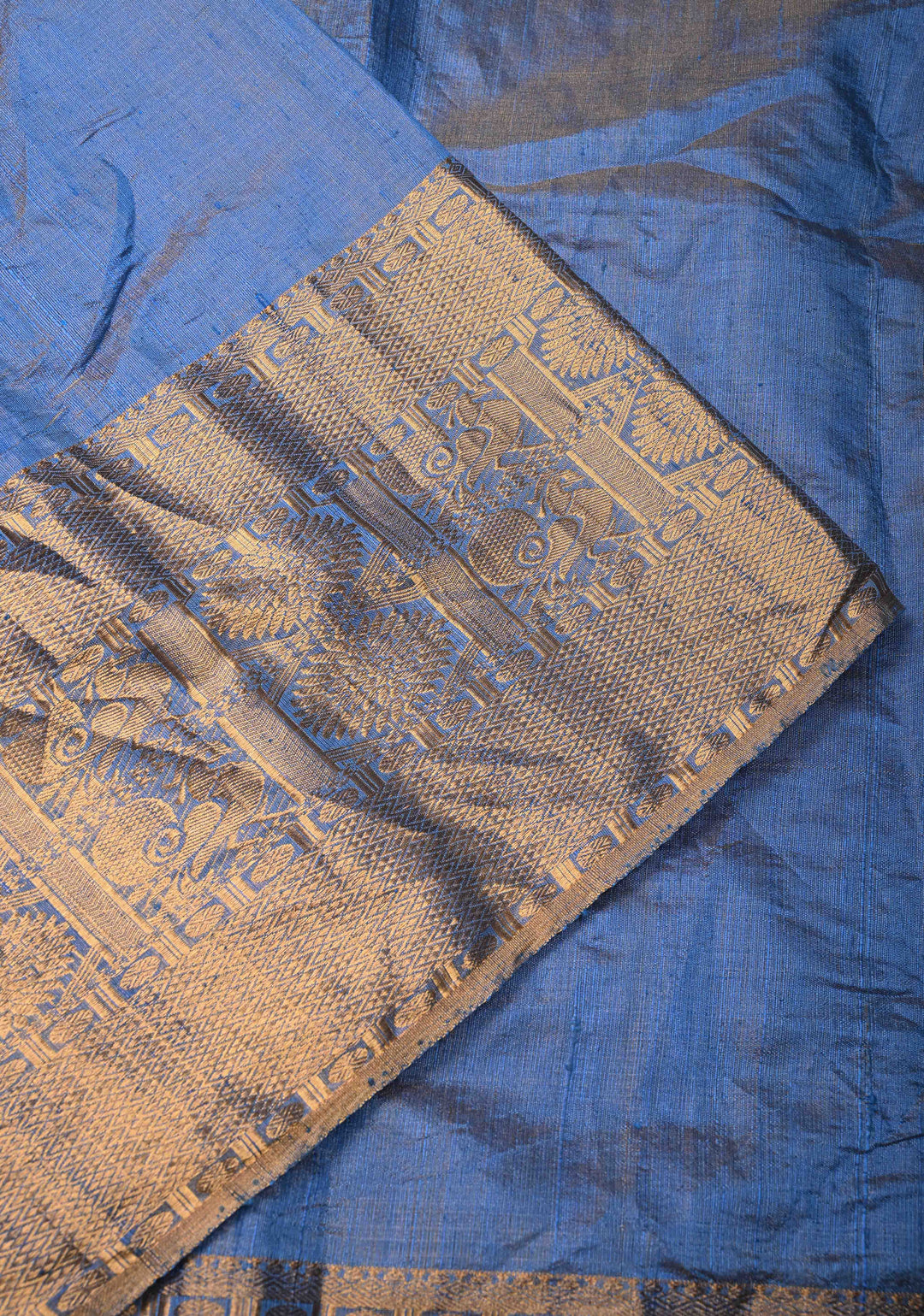 Blue Tissue Pure Raw Silk Kanjivaram Saree with Wide Zari Border and Sequins, Cutdana Moti Hand Work | SILK MARK CERTIFIED