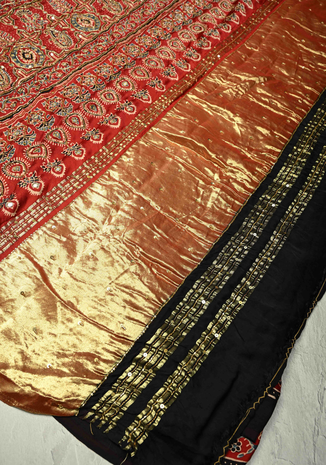 Blood Red Modal Silk Saree with Ajrakh Hand Block Print, Sequins, Cutdana and Hand embroidery
