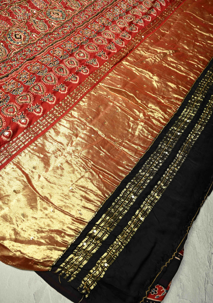 Blood Red Modal Silk Saree with Ajrakh Hand Block Print, Sequins, Cutdana and Hand embroidery