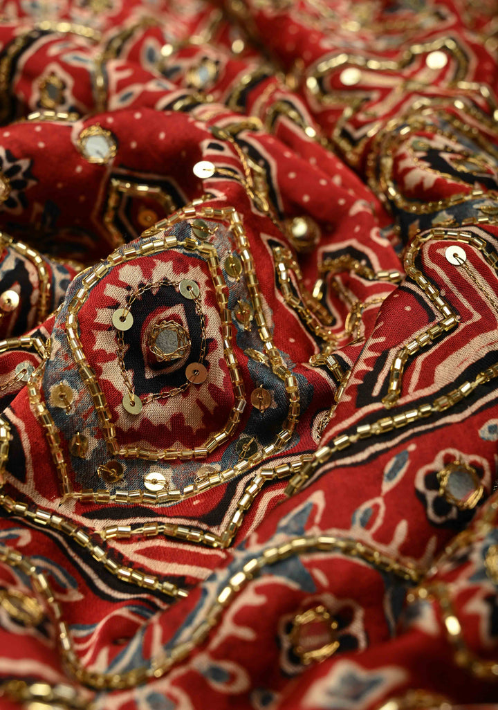 Blood Red Modal Silk Saree with Ajrakh Hand Block Print, Sequins, Cutdana and Hand embroidery