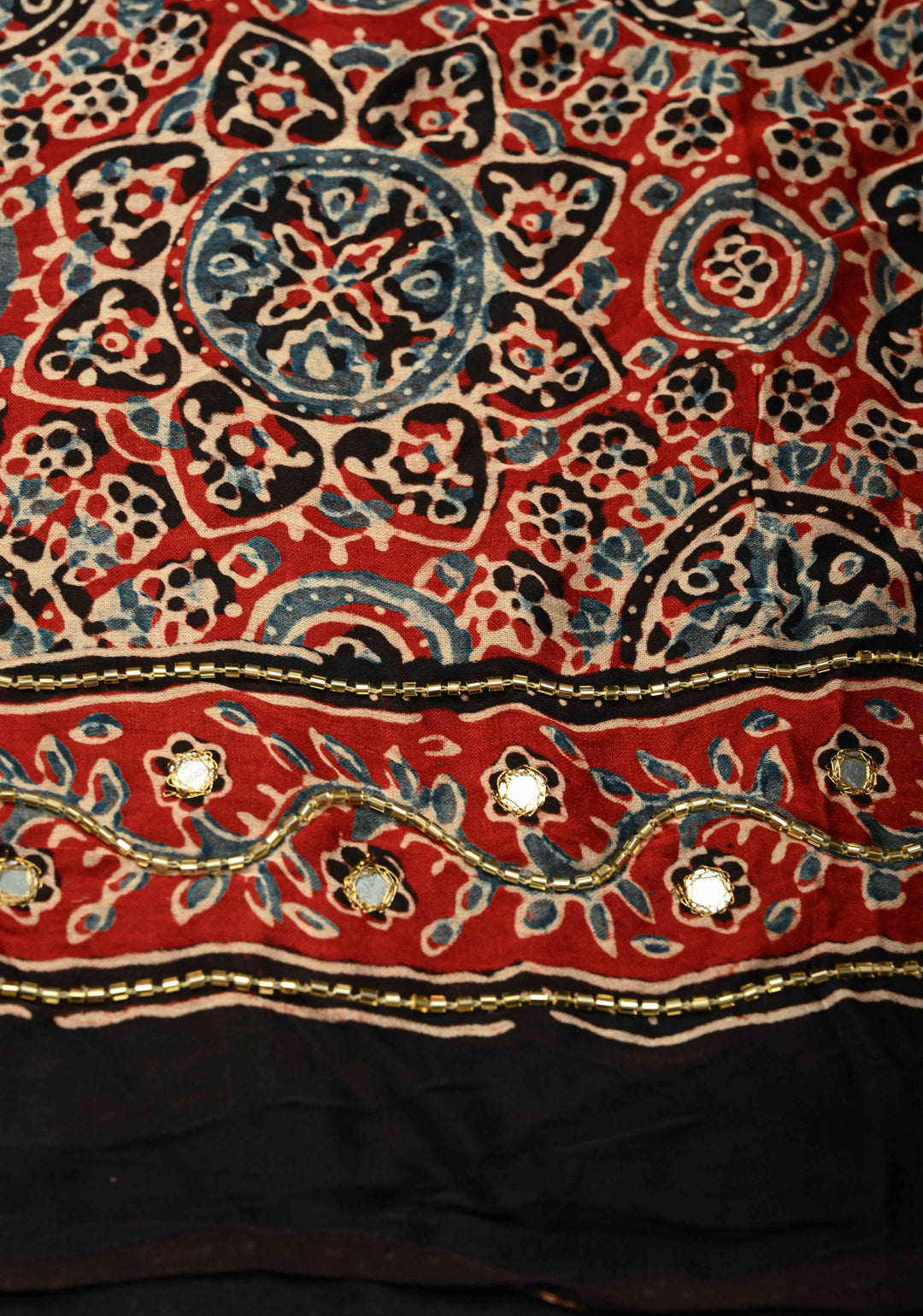 Blood Red Modal Silk Saree with Ajrakh Hand Block Print, Sequins, Cutdana and Hand embroidery