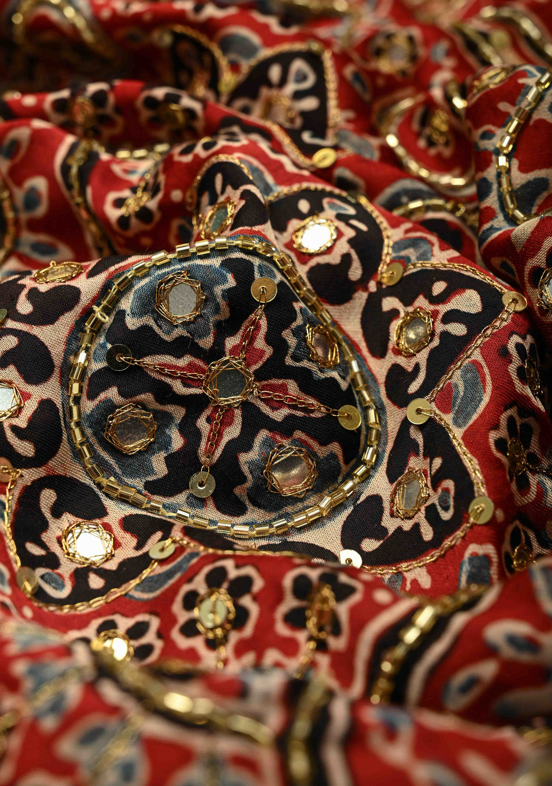 Blood Red Modal Silk Saree with Ajrakh Hand Block Print, Sequins, Cutdana and Hand embroidery