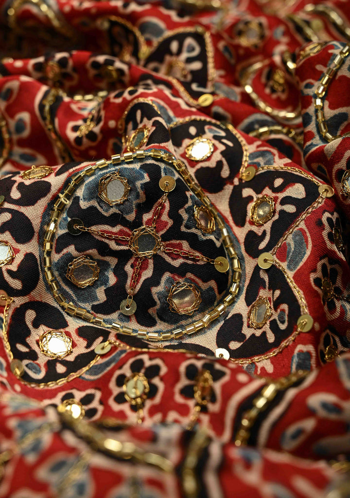 Blood Red Modal Silk Saree with Ajrakh Hand Block Print, Sequins, Cutdana and Hand embroidery