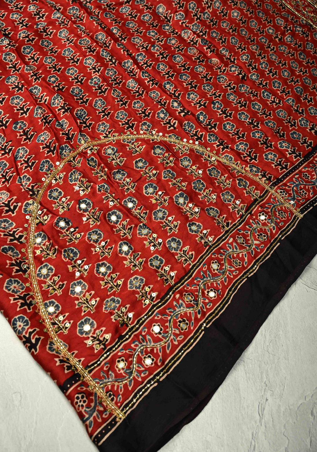 Blood Red Modal Silk Saree with Ajrakh Hand Block Print, Sequins, Cutdana and Hand embroidery