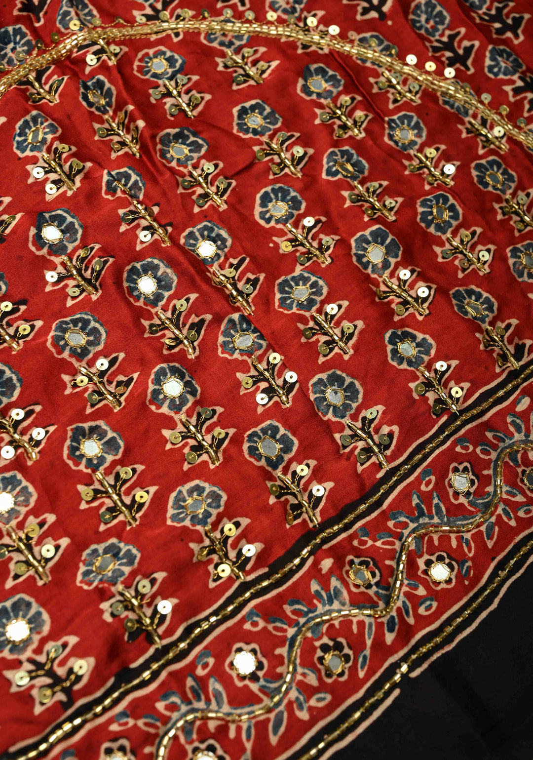 Blood Red Modal Silk Saree with Ajrakh Hand Block Print, Sequins, Cutdana and Hand embroidery