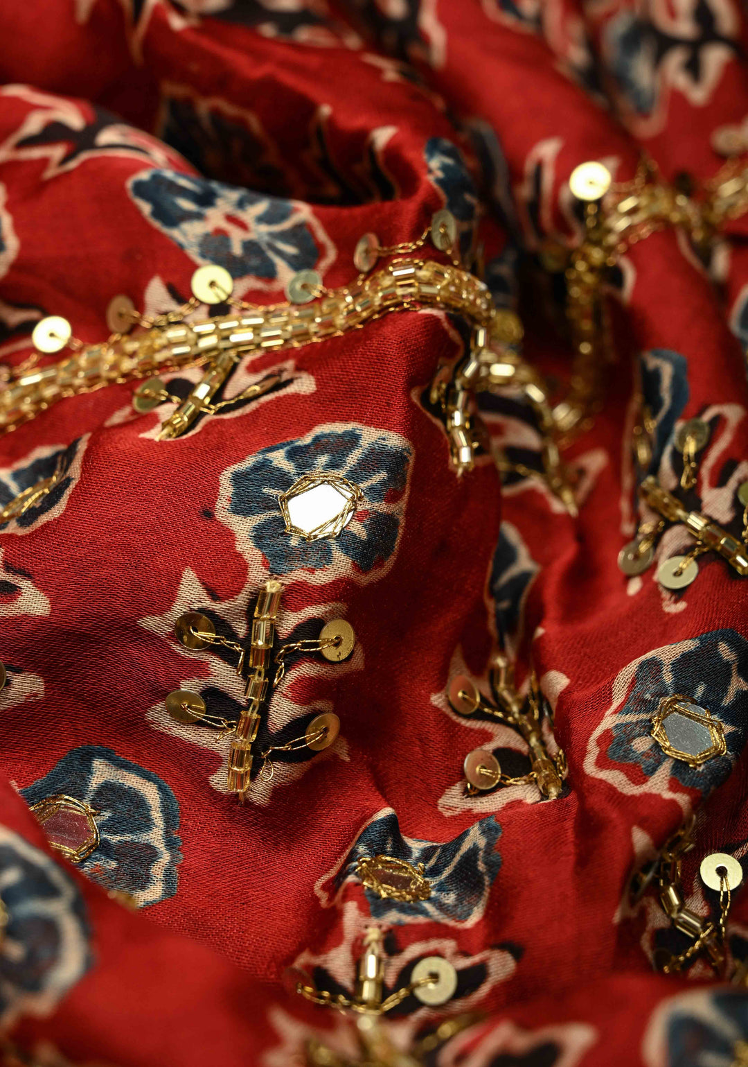 Blood Red Modal Silk Saree with Ajrakh Hand Block Print, Sequins, Cutdana and Hand embroidery