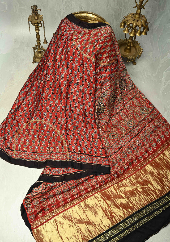 Blood Red Modal Silk Saree with Ajrakh Hand Block Print, Sequins, Cutdana and Hand embroidery