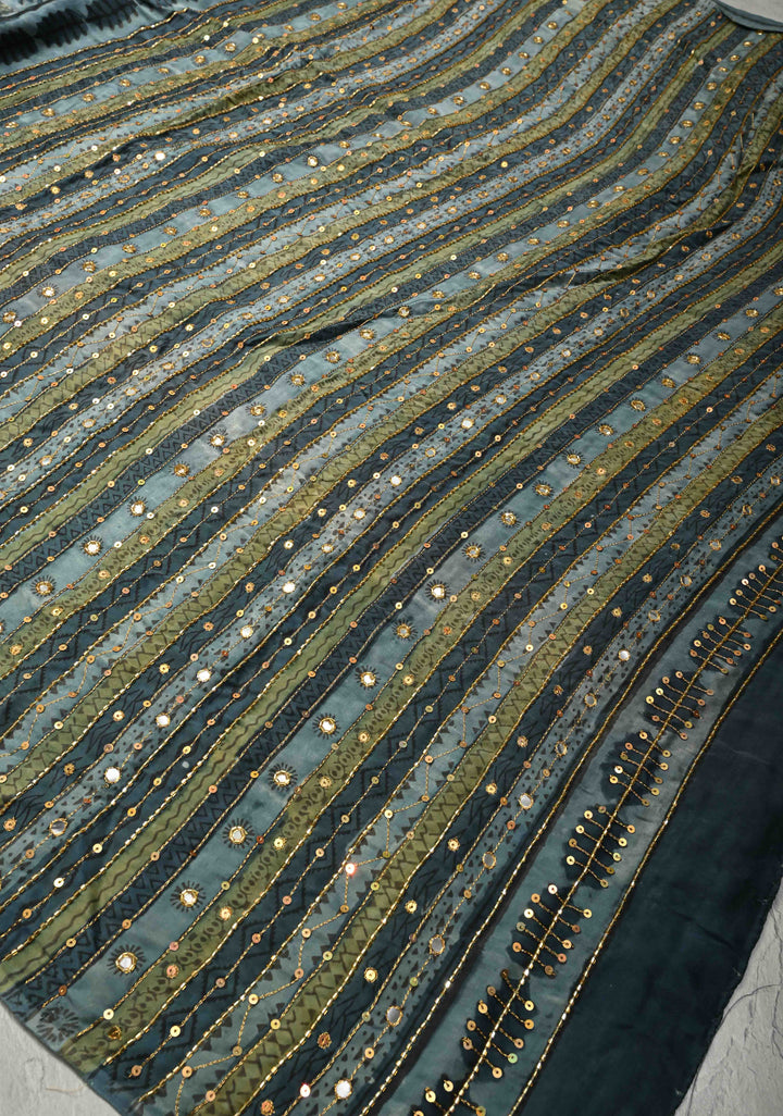 Indigo Modal Silk Saree with Hand Block Print, Sequins, Cutdana and Hand embroidery | SHOBITAM