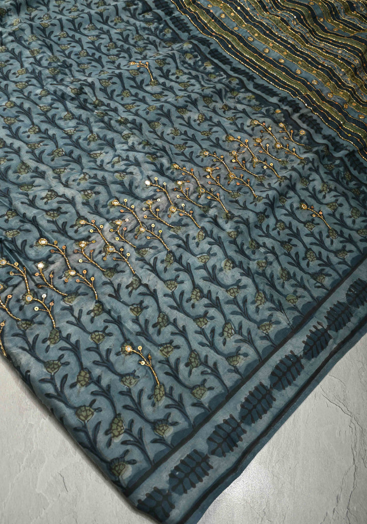 Indigo Modal Silk Saree with Hand Block Print, Sequins, Cutdana and Hand embroidery | SHOBITAM