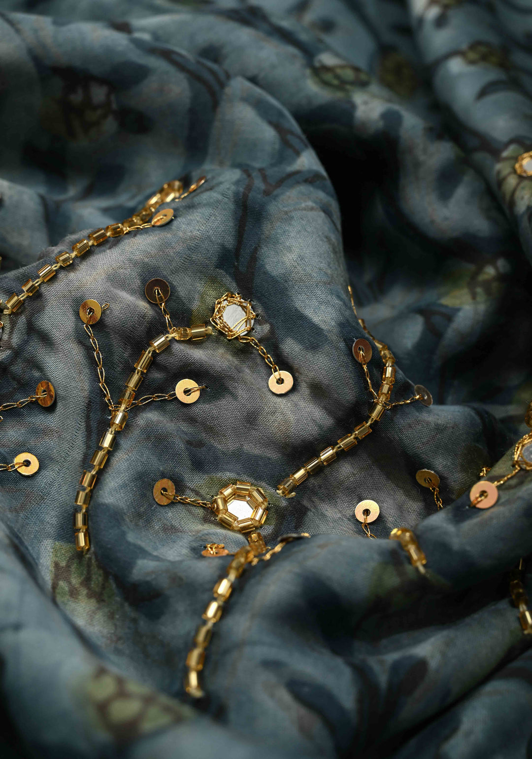 Indigo Modal Silk Saree with Hand Block Print, Sequins, Cutdana and Hand embroidery | SHOBITAM