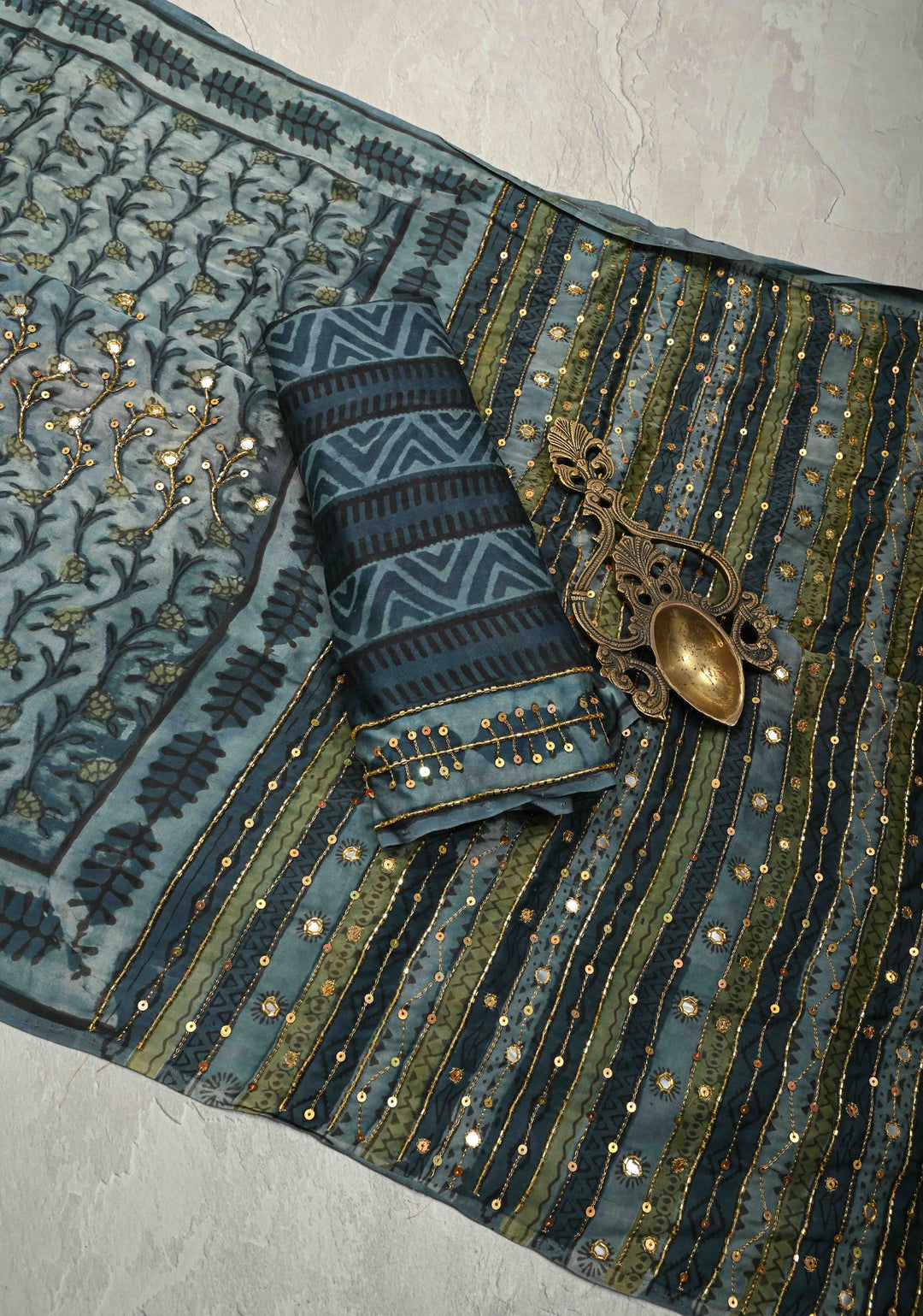 Indigo Modal Silk Saree with Hand Block Print, Sequins, Cutdana and Hand embroidery | SHOBITAM