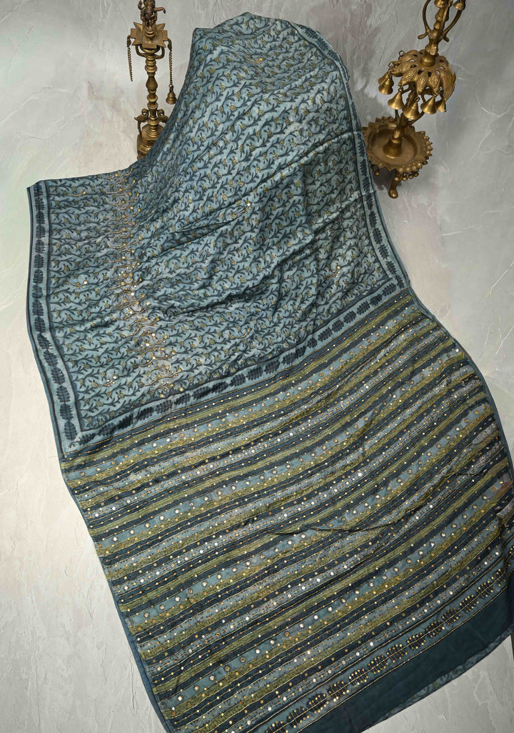 Indigo Modal Silk Saree with Hand Block Print, Sequins, Cutdana and Hand embroidery | SHOBITAM
