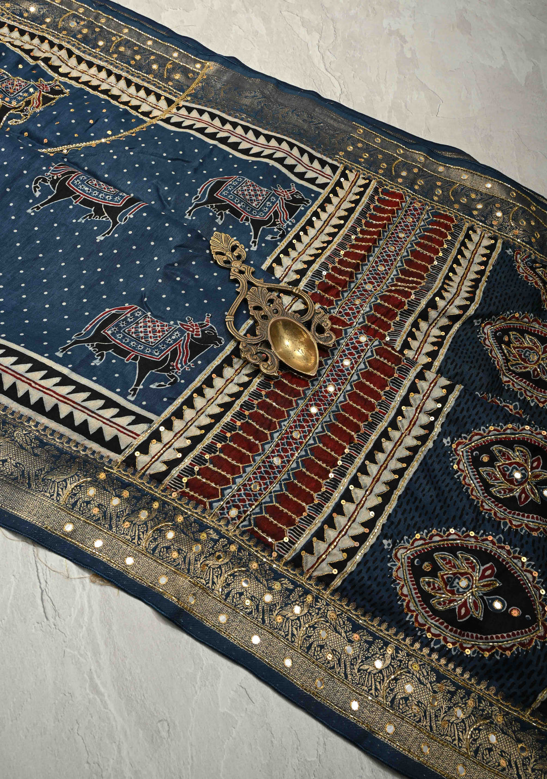 Indigo Hand Block Print on Dola Silk Saree with Cutdana, Sequins and Mirror Hand work