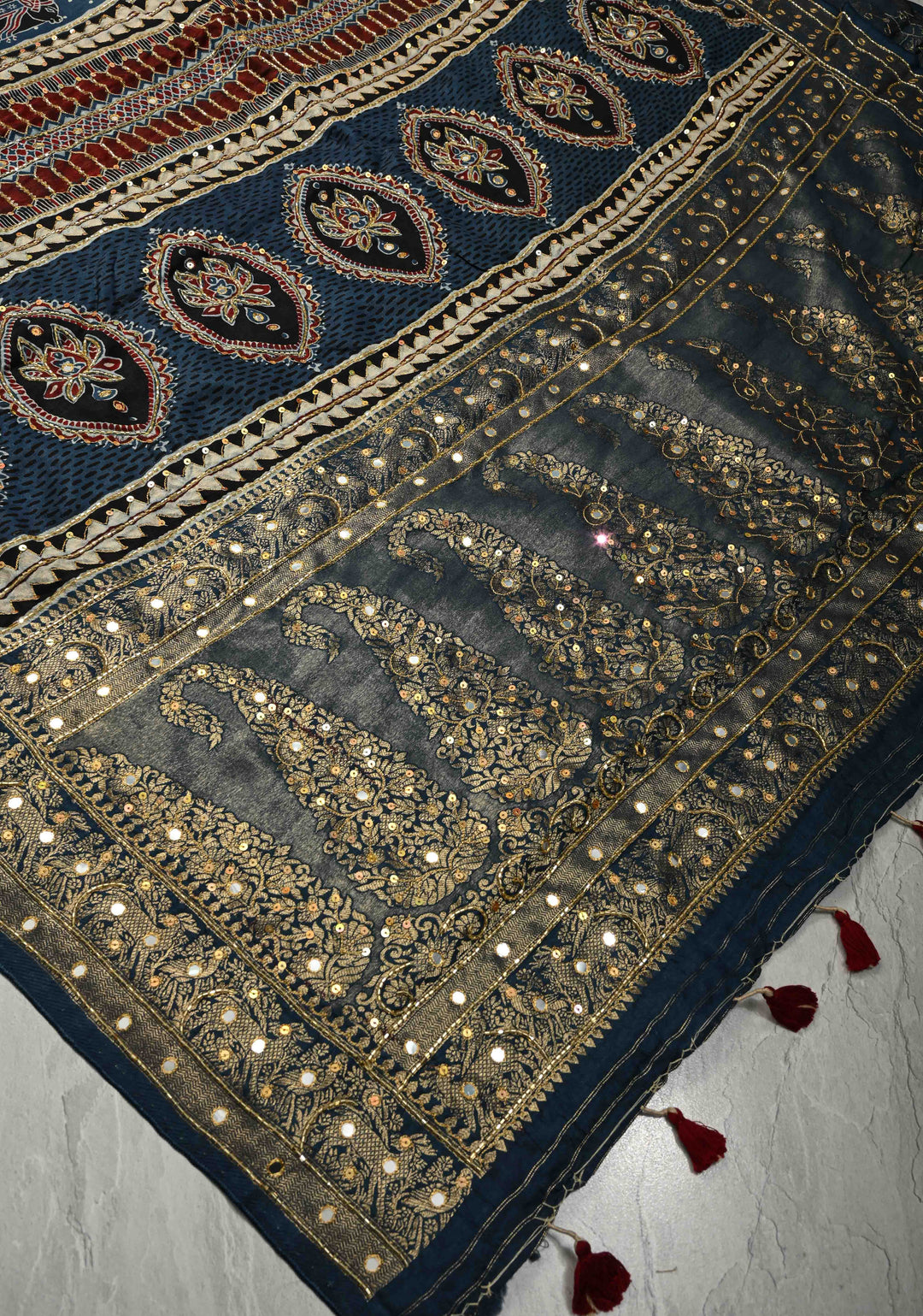 Indigo Hand Block Print on Dola Silk Saree with Cutdana, Sequins and Mirror Hand work